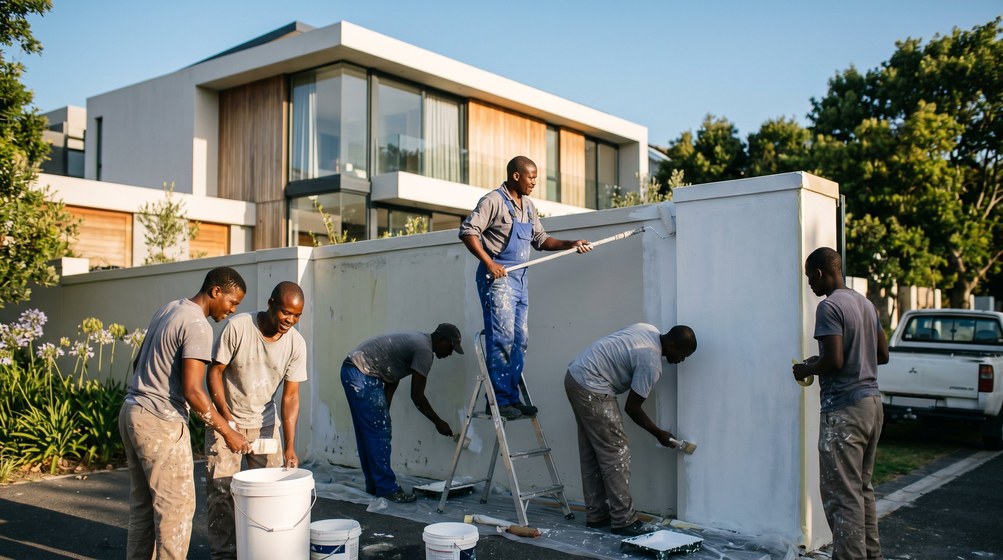 Professional team painting a boundary wall at a modern home in Strand