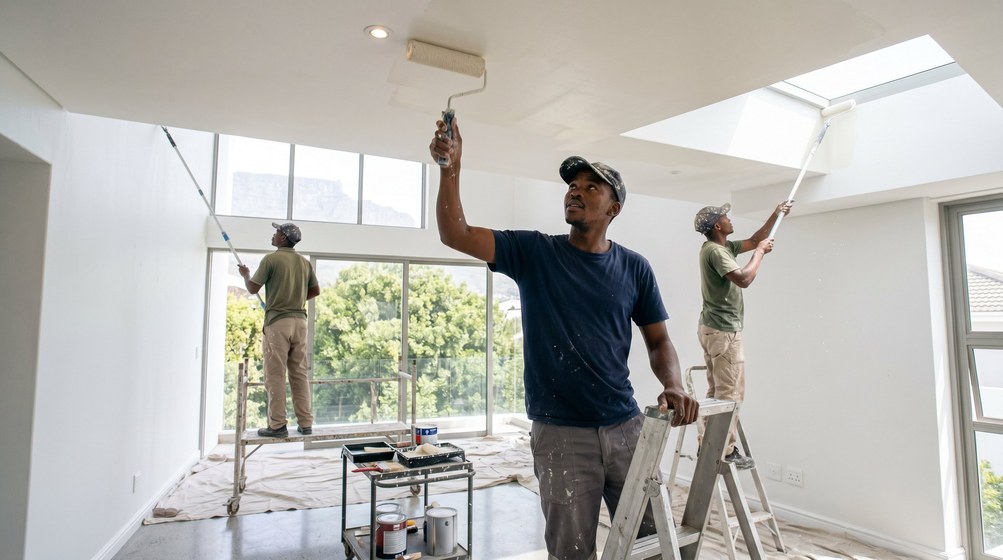 Professional ceiling painters rolling white paint onto a high ceiling in Strand