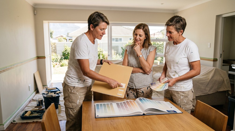 Professional colour consultant showing paint swatches to a homeowner in Strand