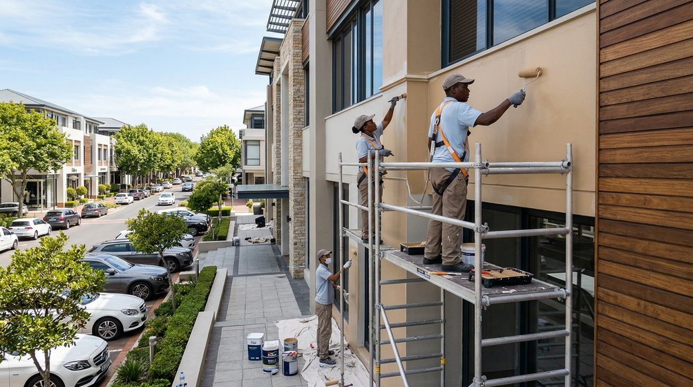 Professional commercial painters on scaffolding painting a building on the False Bay Coast