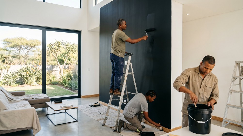 Professional painters creating a bold black feature wall in a modern Strand home
