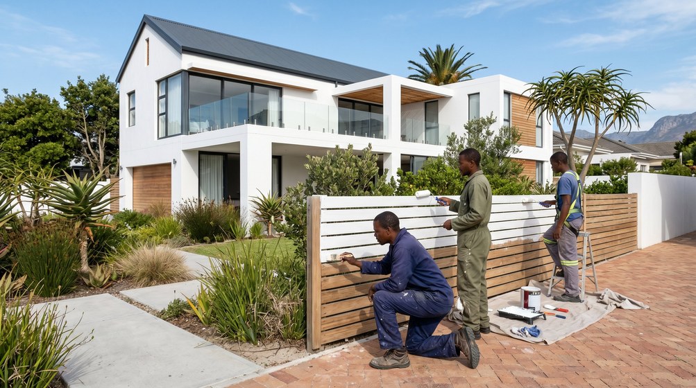 Professional fence painters painting a wooden fence at a coastal home in Strand