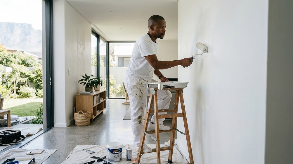 Professional interior painter in Strand painting walls with a roller