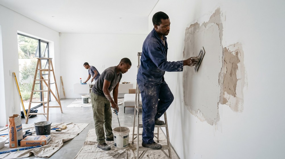 Professional plaster repair team skim coating damaged walls in Strand
