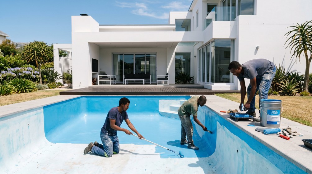 Professional pool painters applying blue pool paint to a swimming pool in Strand