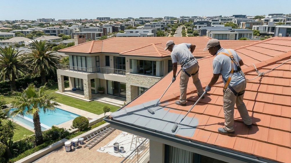 Professional roof painters applying waterproof coating to tiled roof in Strand