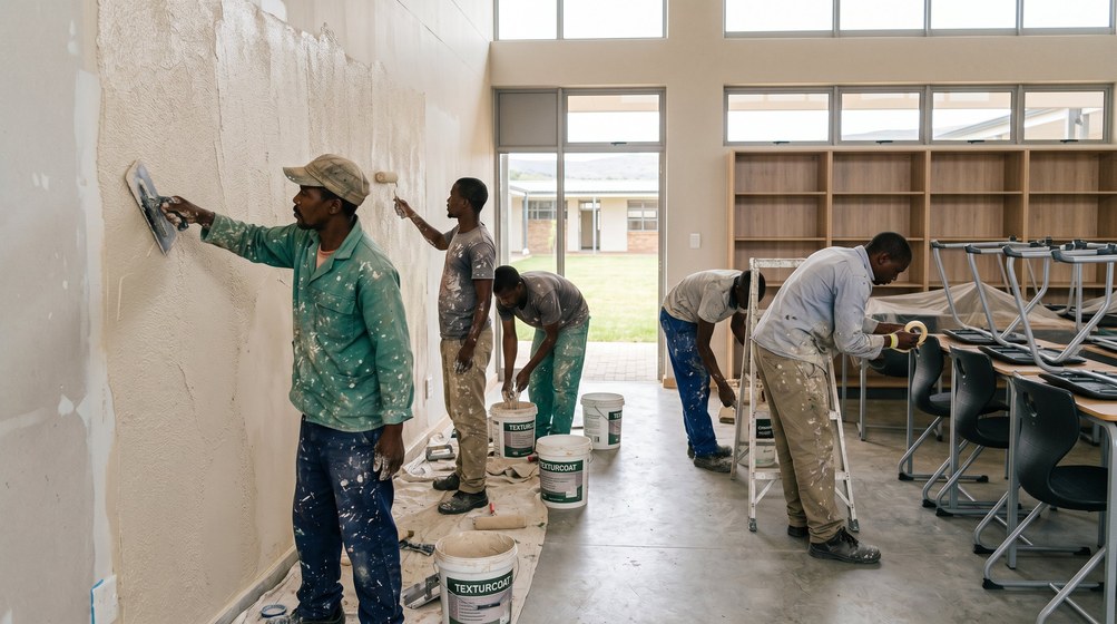 Professional texture coating team applying Texturcoat to interior walls in Strand