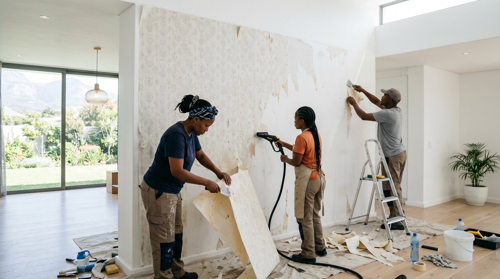 Professional wallpaper removal team stripping old wallpaper in a Strand home