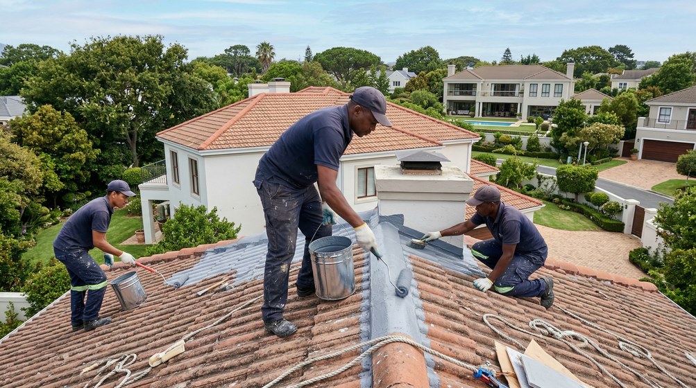Professional waterproofing team applying membrane to roof in Strand
