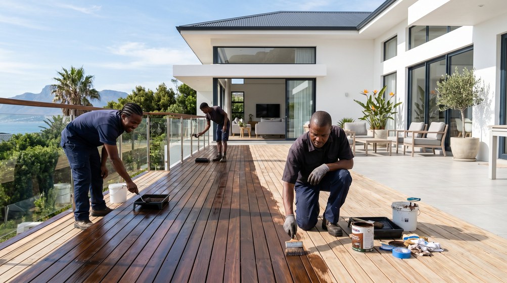 Professional wood staining team applying deck stain overlooking the ocean in Strand